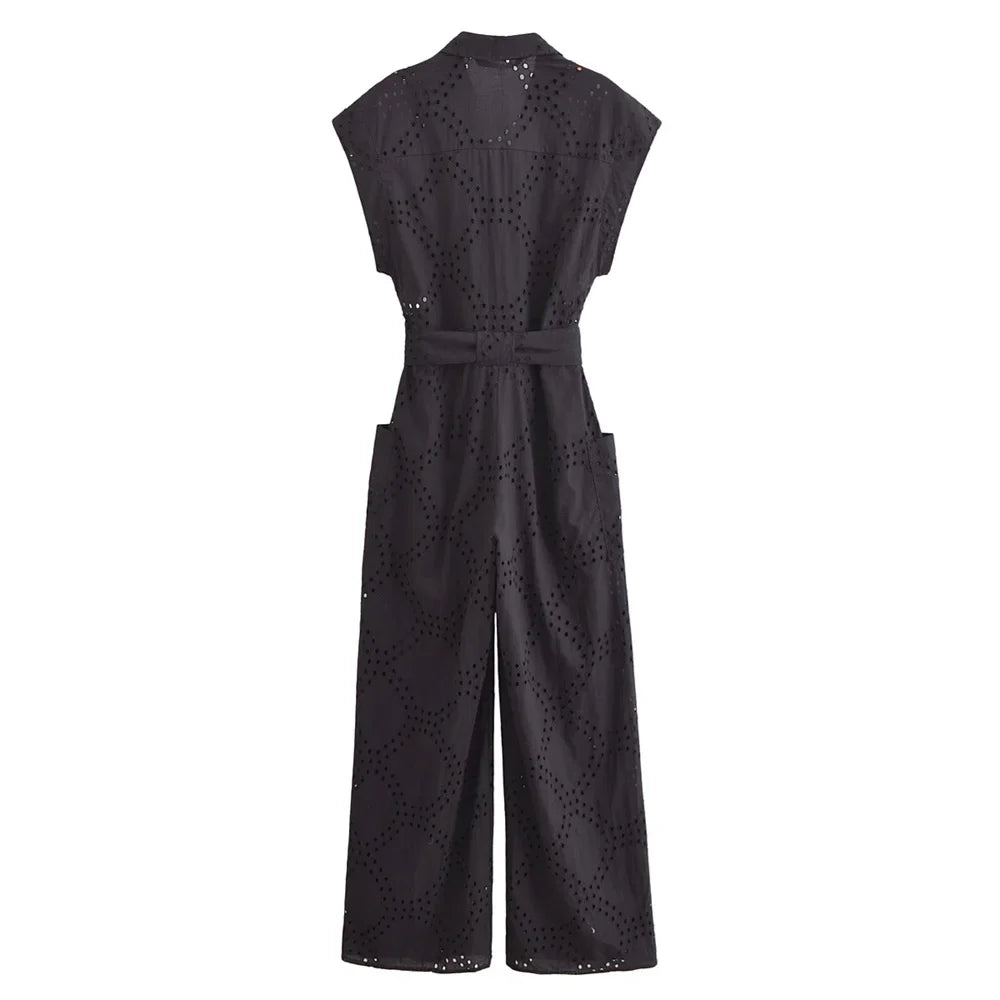 Casual Women's Short Sleeve Jumpsuit with Bow Waist Strap and Hollow Embroidery Summer Fashion Slimming One-Piece Romper