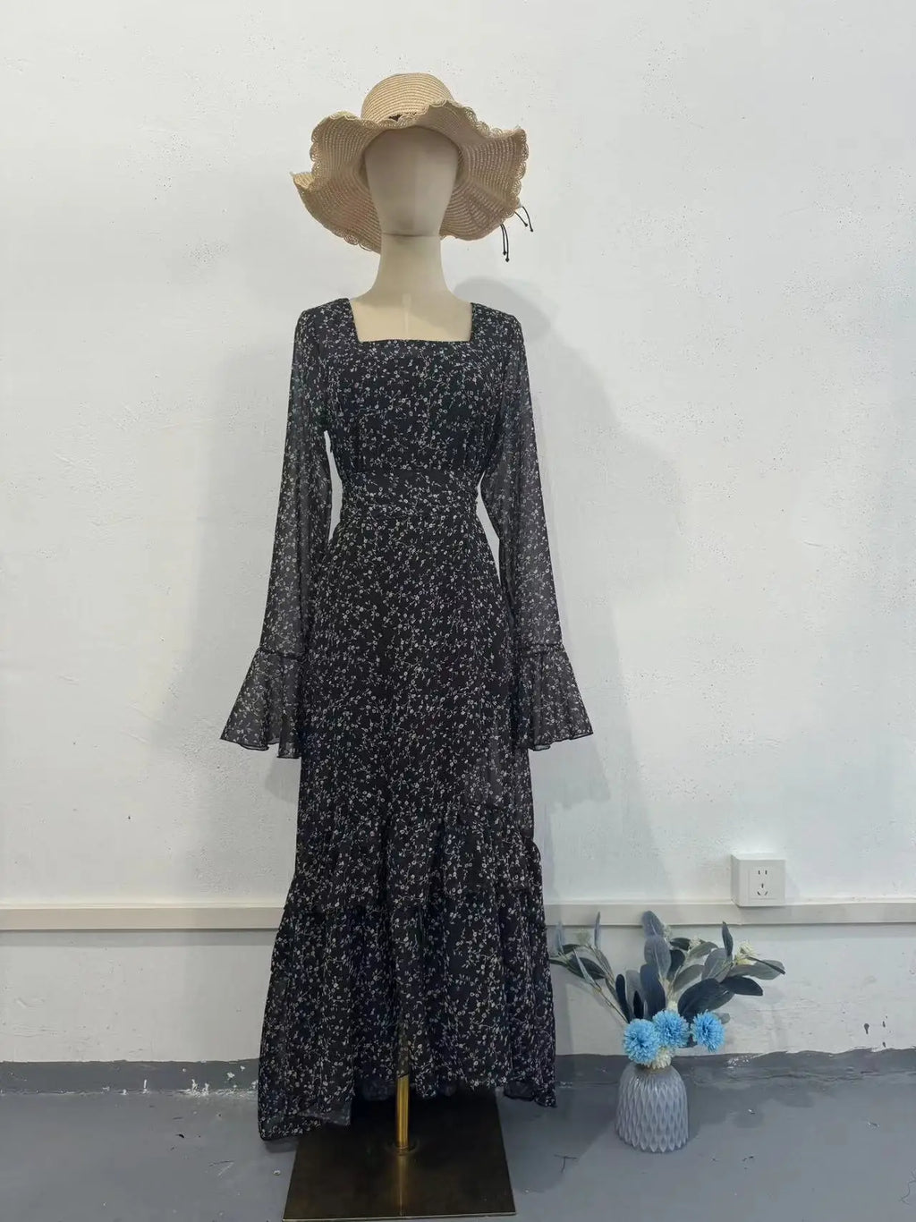 Elegant Printed Chiffon Maxi Dress With Lotus Sleeve Details