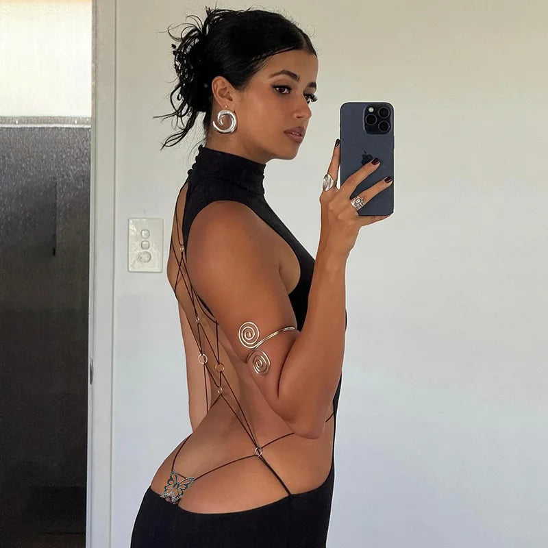 Backless Butterfly Bodycon Maxi Dress for Party Evening