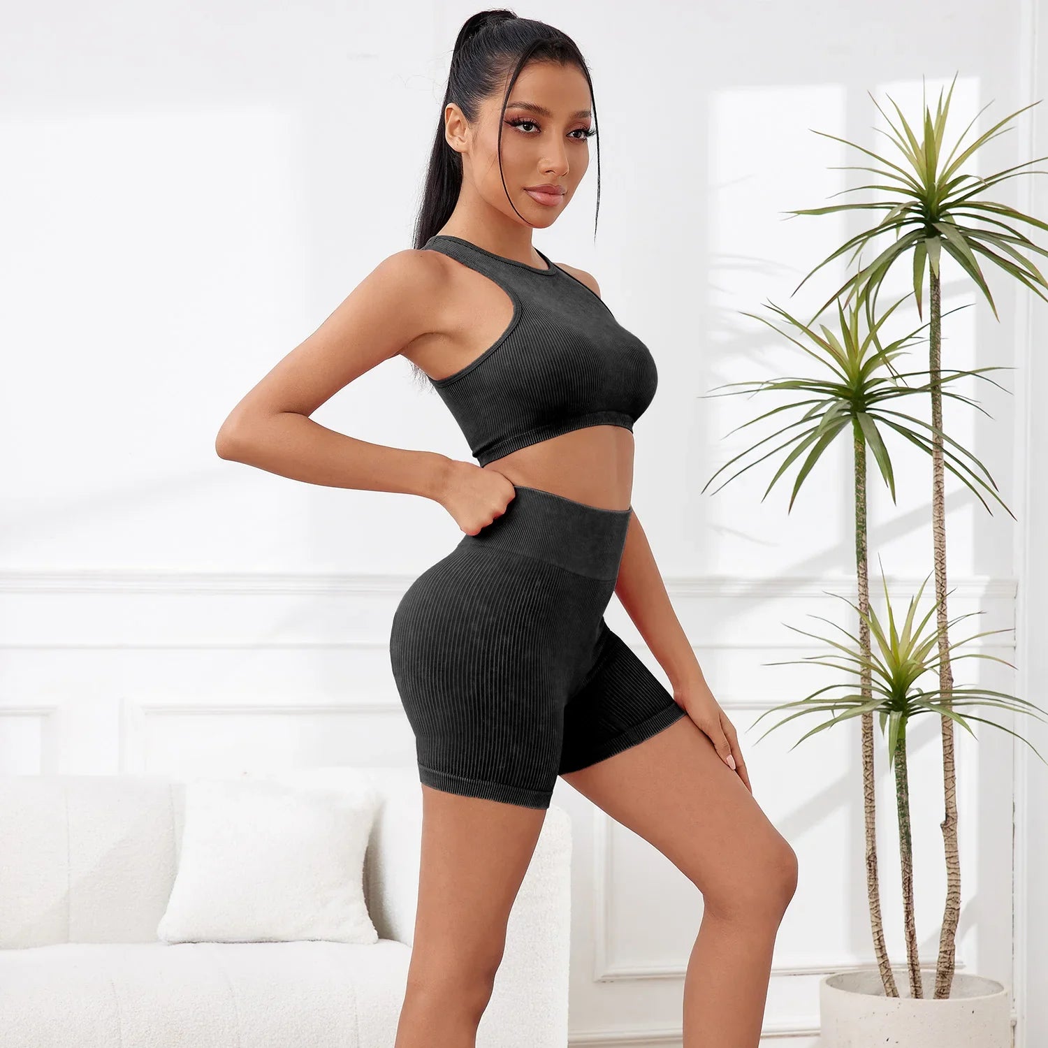 2PCS Women Ribbed Seamless Yoga Set with High Waist Lift Hip Gym Pants and Solid Color Sports Vest