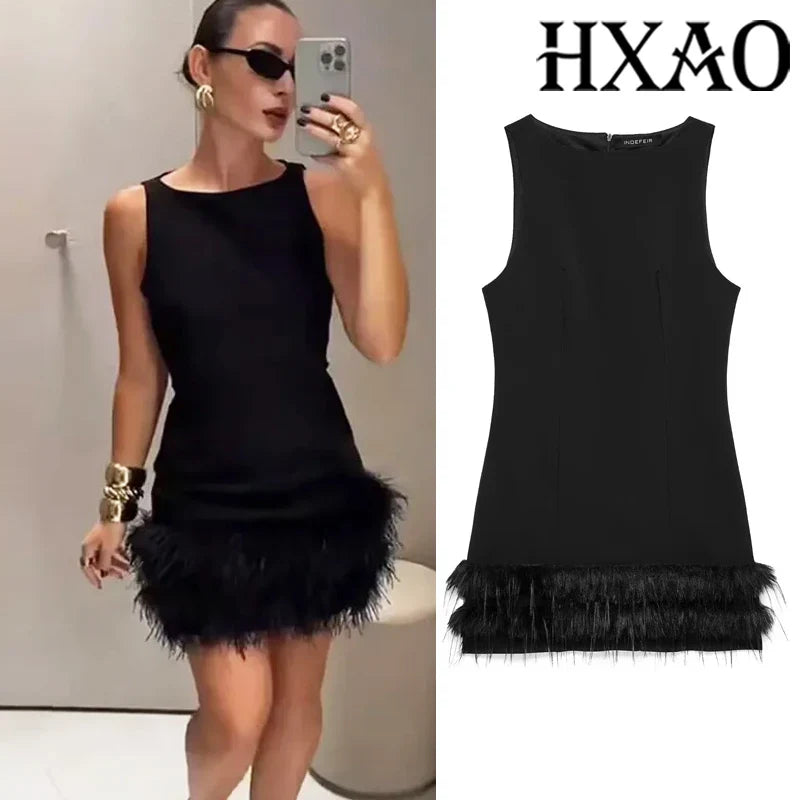 Black Feathered Bodycon Dress For Women Sleeveless Mini