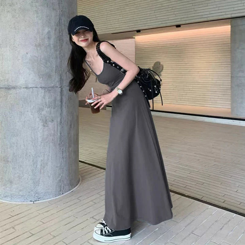 Y2K Black Strap Long Dress Sleeveless Bodycon Sundress