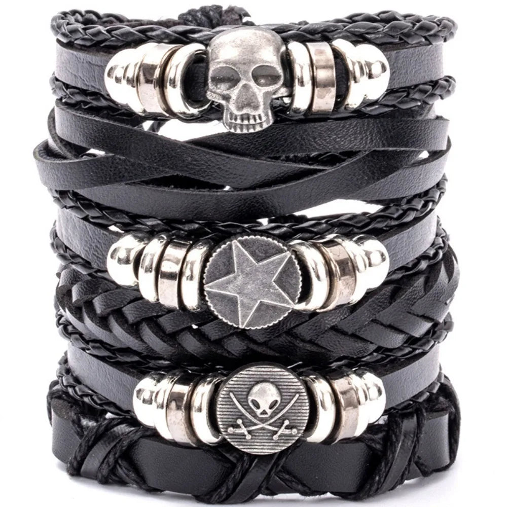 Punk Style Evil Eye Skull Bracelet Set with Adjustable PU Leather and Beads - 4/5/6 Pieces