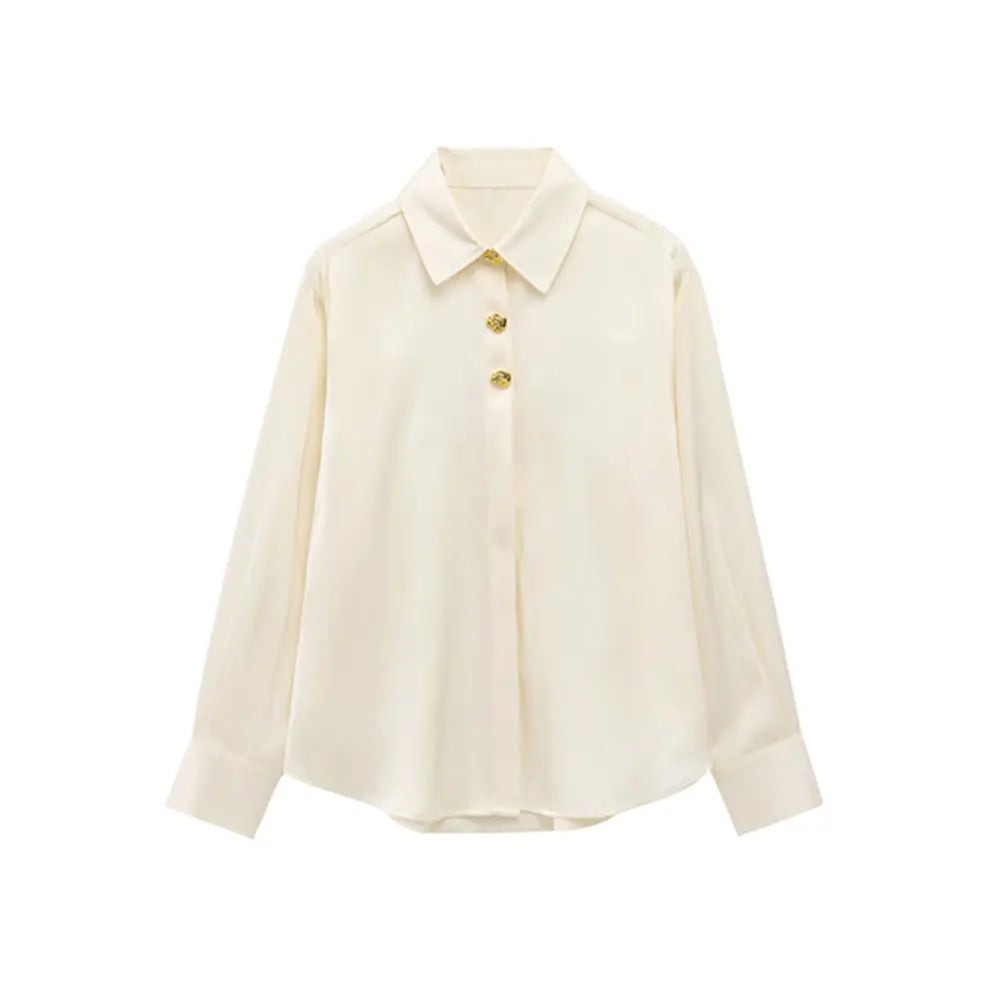 Long Sleeve Lapel Collar Blouse for Women with Fashion Gold Buttons Chic Elegant Office Shirt