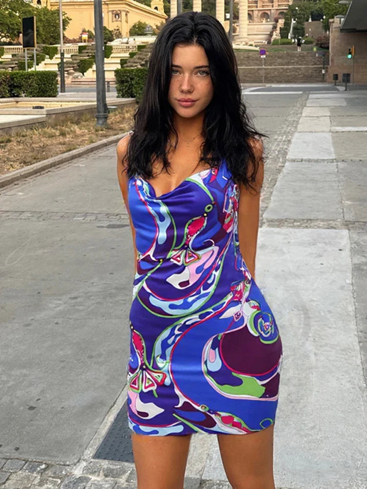 Colorful Print Backless Bodycon Dress Sleeveless Summer