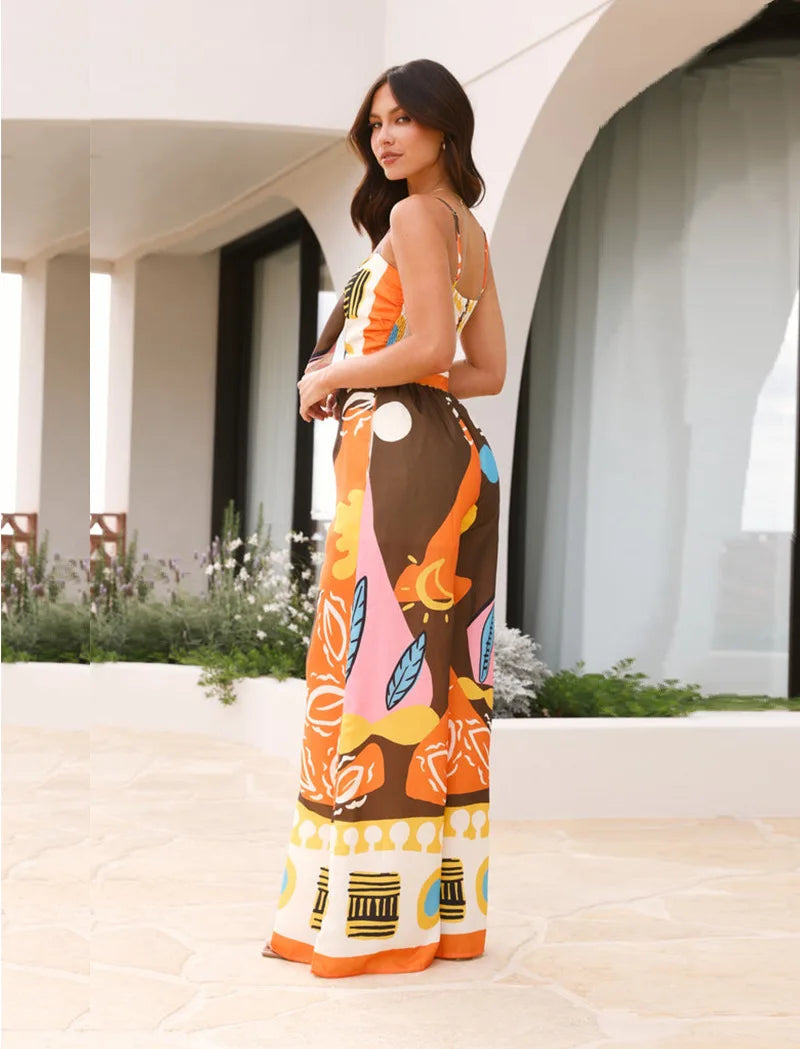 Women's Summer Printed Spaghetti Strap Jumpsuit with Hollow Out Lace-Up Detail High Waist Wide Leg Bohemian Style