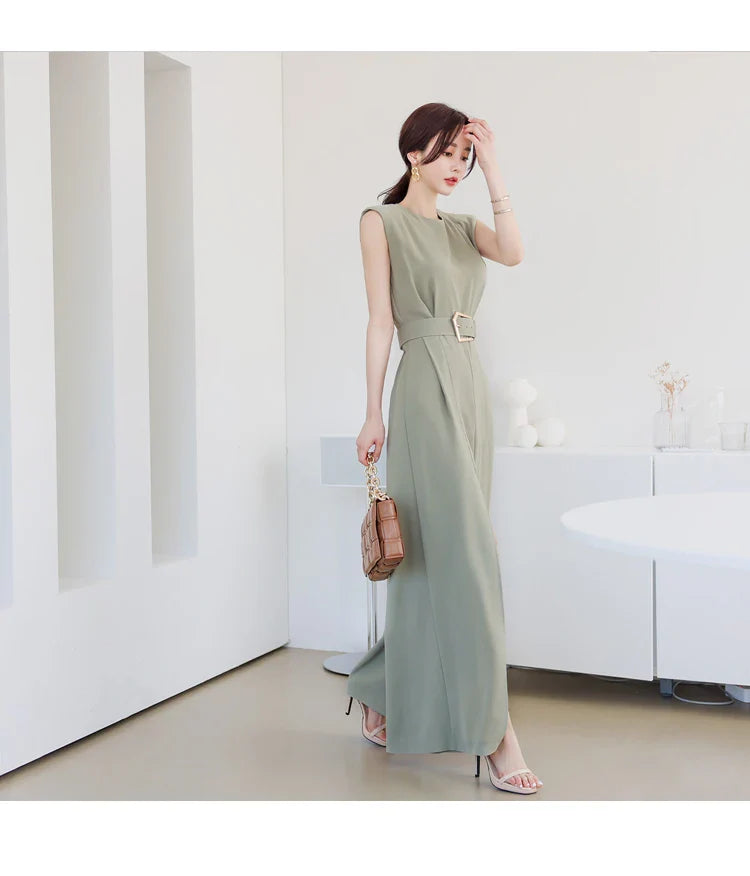 Elegant Women's Business Jumpsuit O-Neck Wide Leg Split Trousers Long Casual Workwear Romper