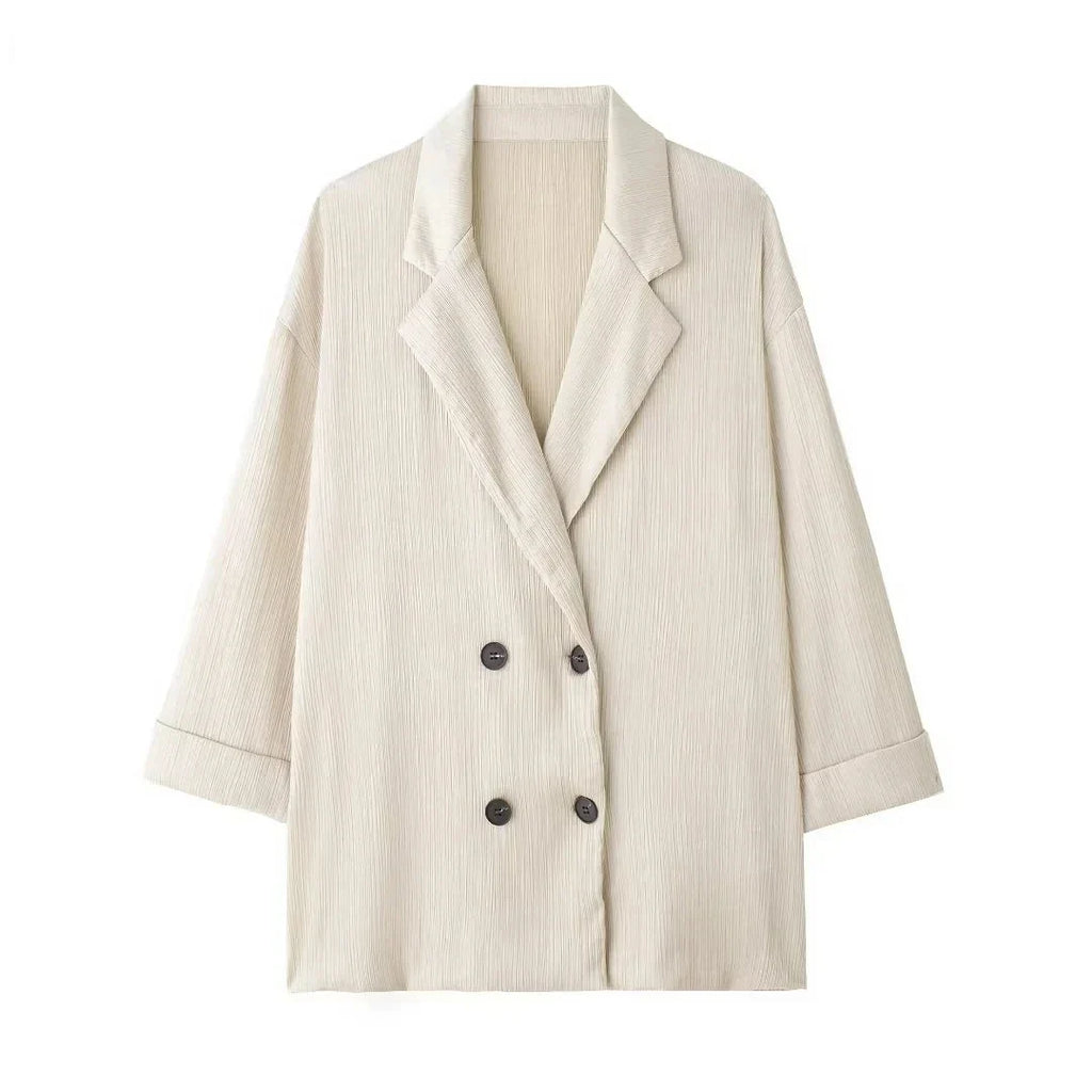 Trendy Women's Cozy Suit Set with Double Breasted Coat and Wide Leg Pants