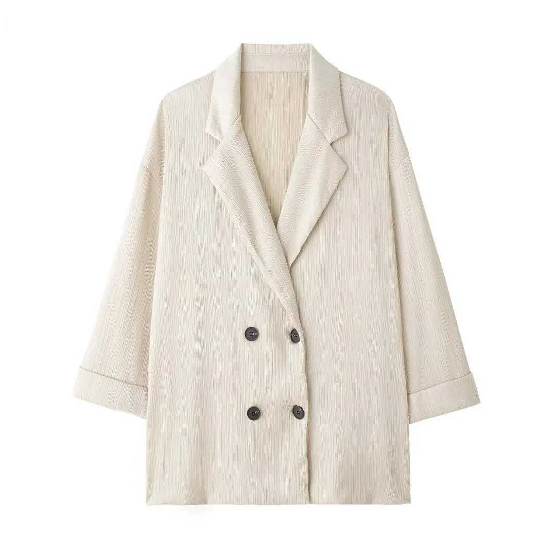 Trendy Women's Cozy Suit Set with Double Breasted Coat and Wide Leg Pants