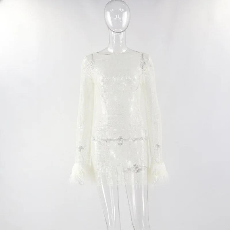 Black Mesh See Through Mini Dress Women Bodycon Clubwear