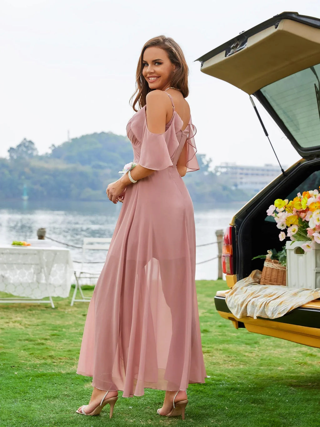 Pink Chiffon Bridesmaid Dress With Cold Shoulder Tulip Hem