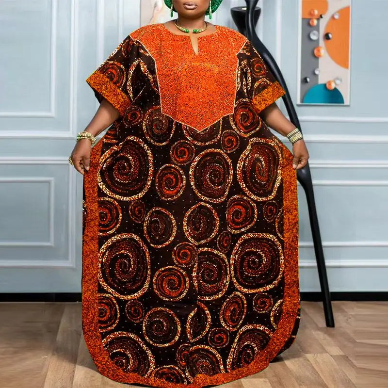 Bohemian Maxi Dress With Printed V Neck Bat Sleeve Casual