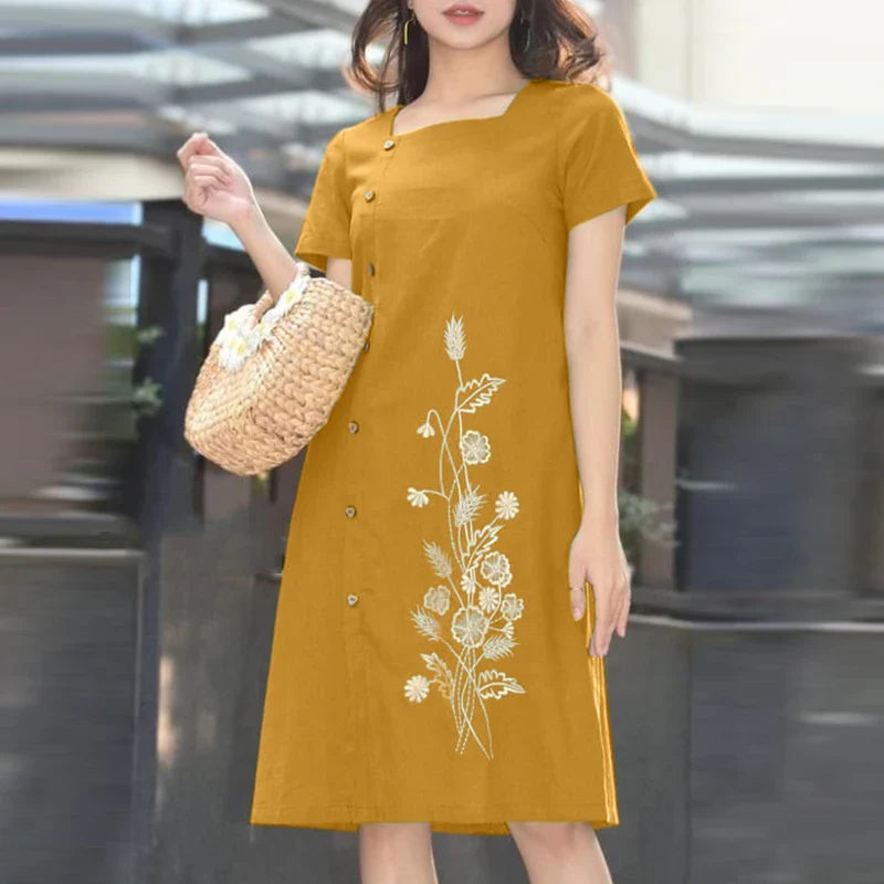 Floral Embroidery Dress For Women Square Neck Knee Length