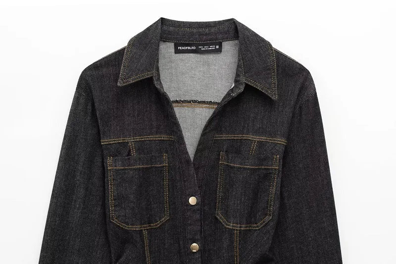 Denim Two Piece Women's Outfit with Button Up Shirt and High Waist Trousers Set