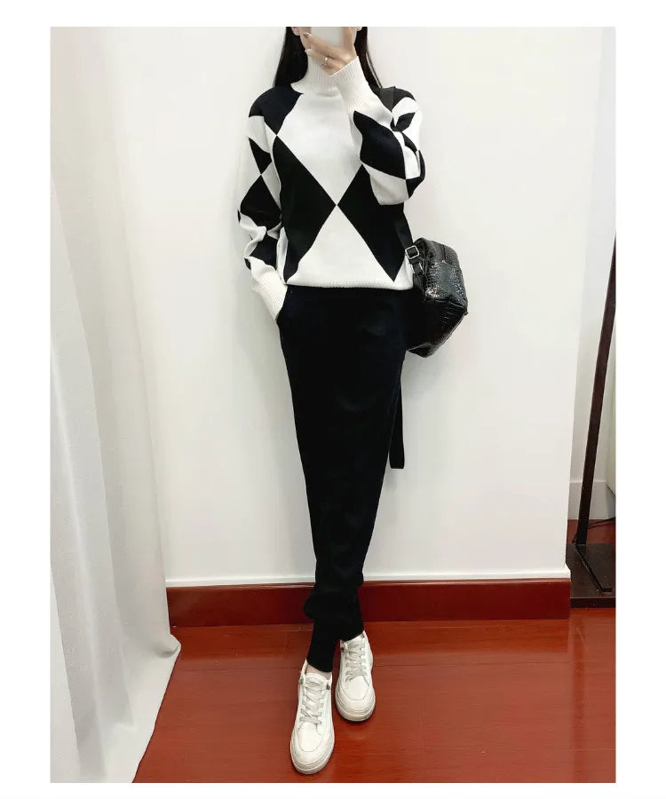 Women's Thick Soft Knitted Sweater and Long Pant Set Casual 2PCS Track Suit for Autumn and Winter