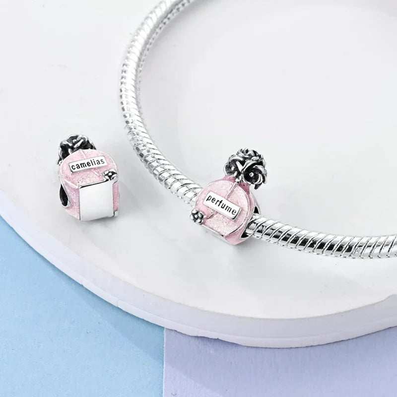 Fit 925 Sterling Silver Bow Perfume Bottle Pink Charms Beads for Women DIY Jewelry Gifts