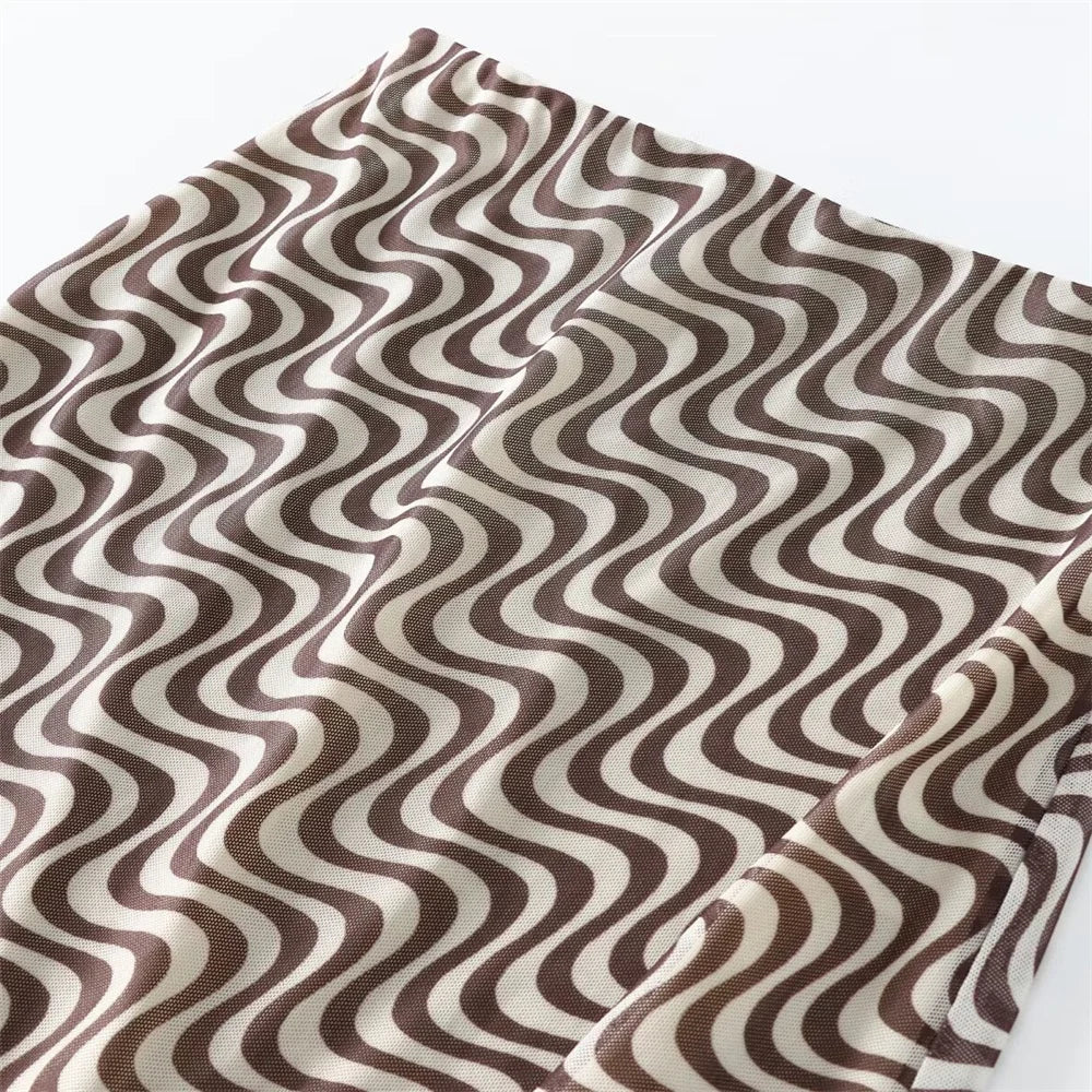 Women's Silk Screen Print Hanging Neck Open Back Top with High Waist Slimming Skirt Set Summer Fashion Two-Piece Outfit