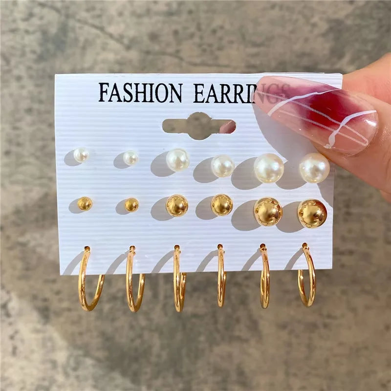 Fashion Geometric Hoop Earrings Set for Women Vintage Bohemian Pearl Gold Color Round Earrings Daily Wear Jewelry Gifts