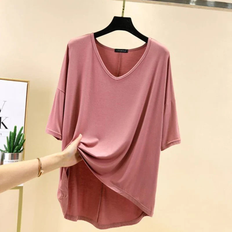 Solid Color Basic Short Sleeve Womens V Neck T Shirt Casual Cotton Tee for Summer