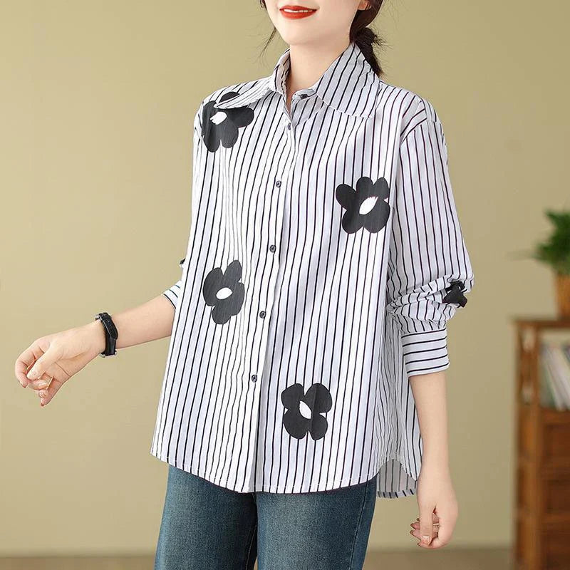 Women's Turn-Down Collar Flower Stripe Long Sleeve Loose Fit Blouse Casual Single Breasted White Vintage-Inspired Shirt Top