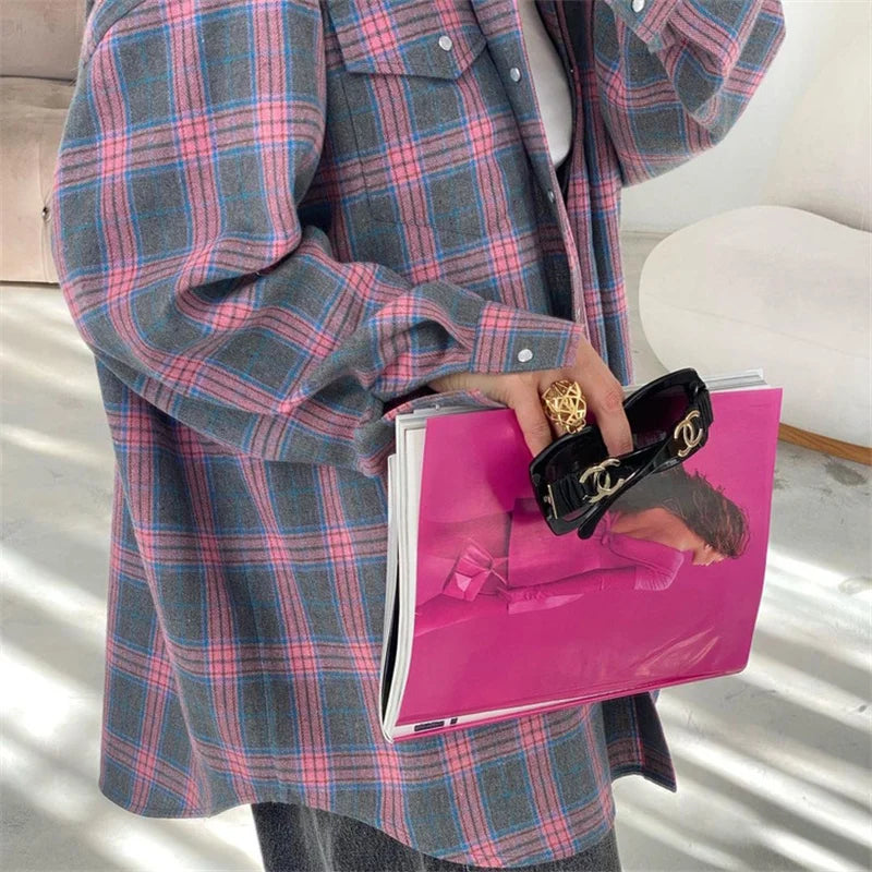 Vintage Plaid Oversized Loose Shirt for Women Long Sleeve Lapel Button Pocket Casual Blouse Autumn Winter Fashion Top