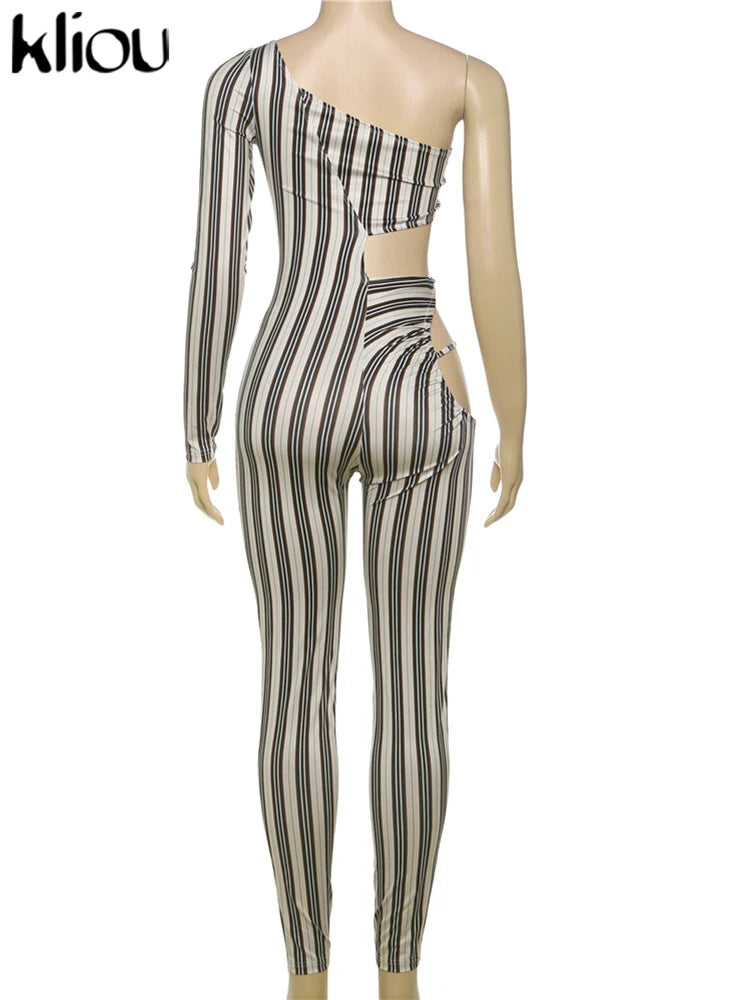 Sexy Striped Printed Women Jumpsuit with Inclined Shoulder Hollow Cleavage Skinny Fit Overalls Stylish Fashion Clubwear