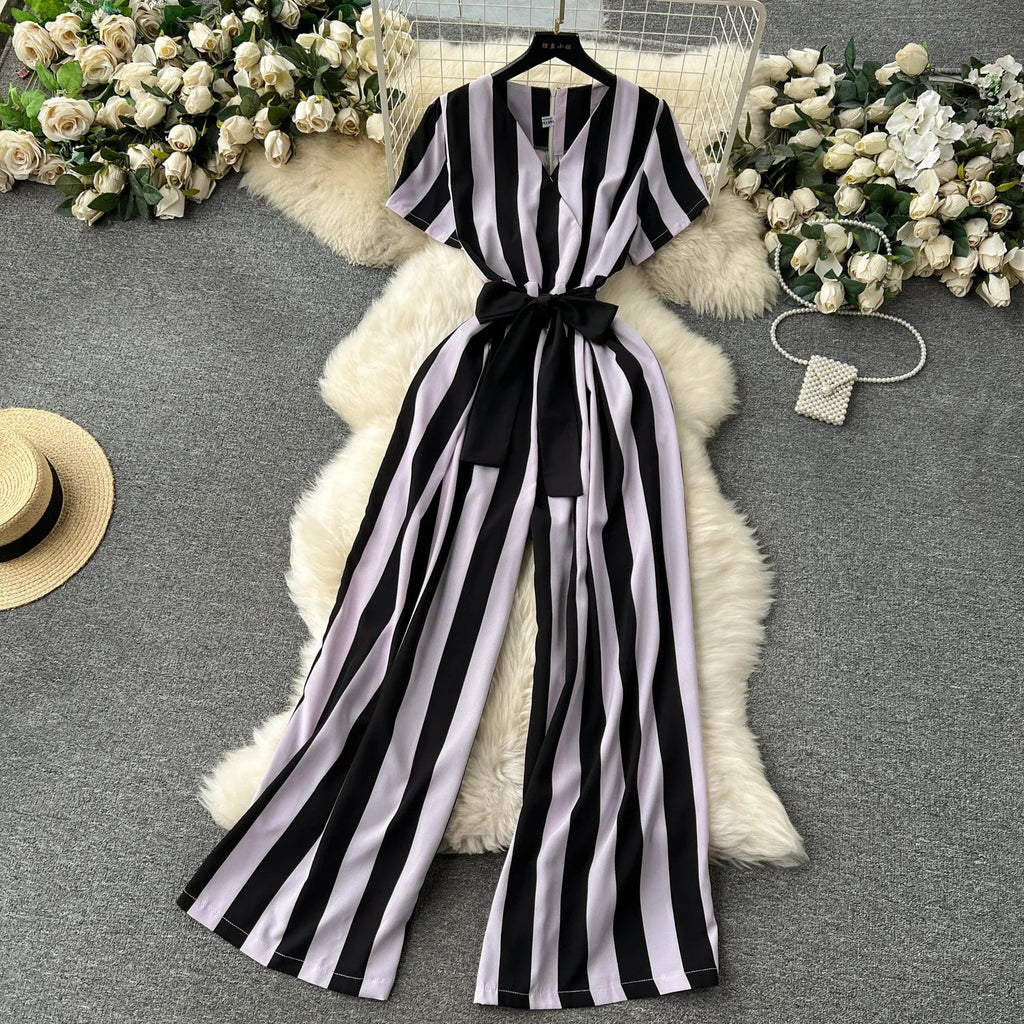 Sleeveless V Neck Stripe Jumpsuit for Women with Lace Up Bow Detail Summer Long Romper High Street Korean Inspired Style