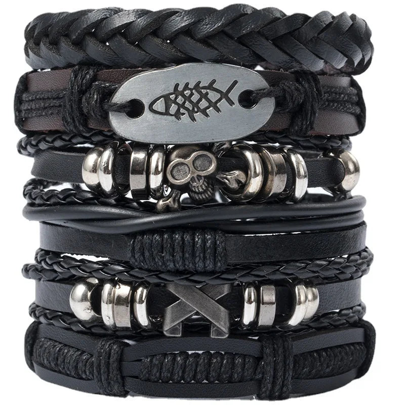Punk Style Evil Eye Skull Bracelet Set with Adjustable PU Leather and Beads - 4/5/6 Pieces