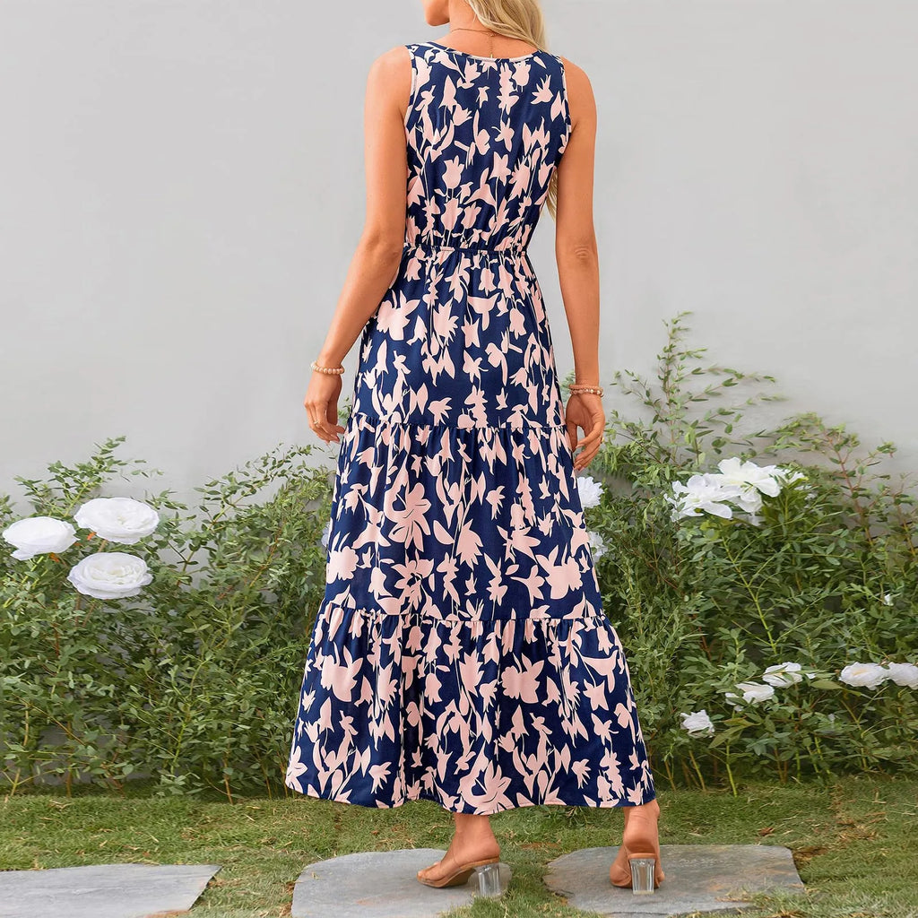 Floral Summer Dress With V Neck Suspender Flowing Fit