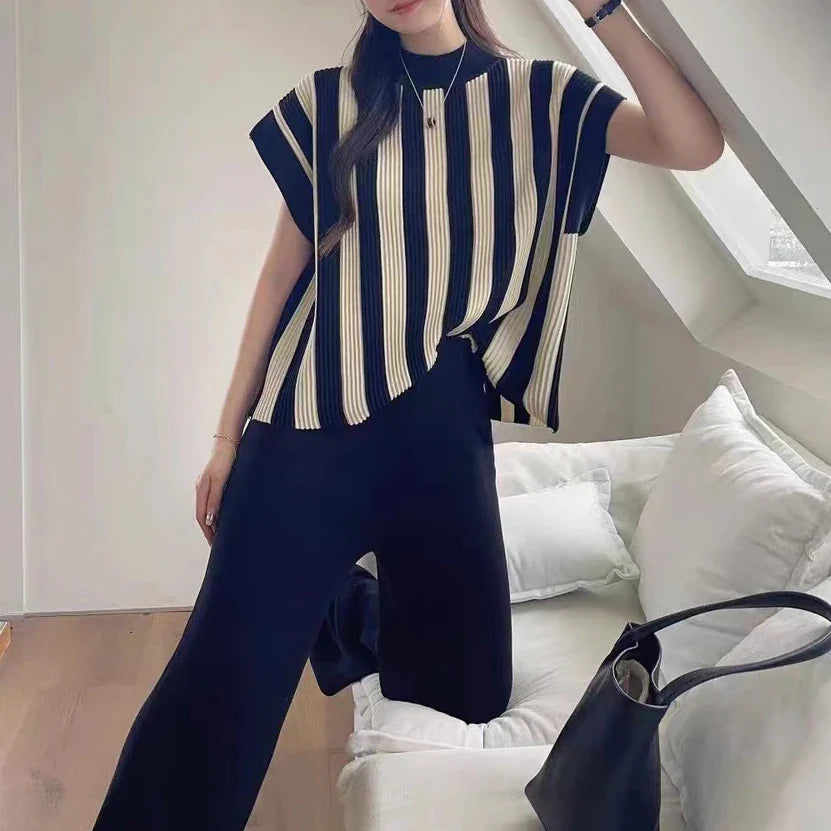 Women Casual Striped Sweater Pant Set Autumn Winter Knitted Short Sleeve Tops and Elastic Sweater Pants