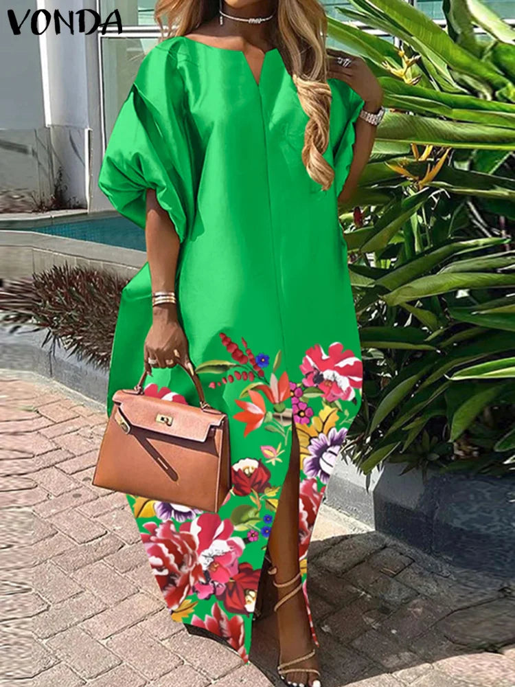 Bohemian Satin Silk Maxi Dress for Women Sundress Casual