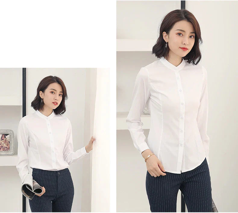 Women's Long Sleeve White Basic Shirt Blouse Stand Neck Tunic Button Up Office Work Top All Season