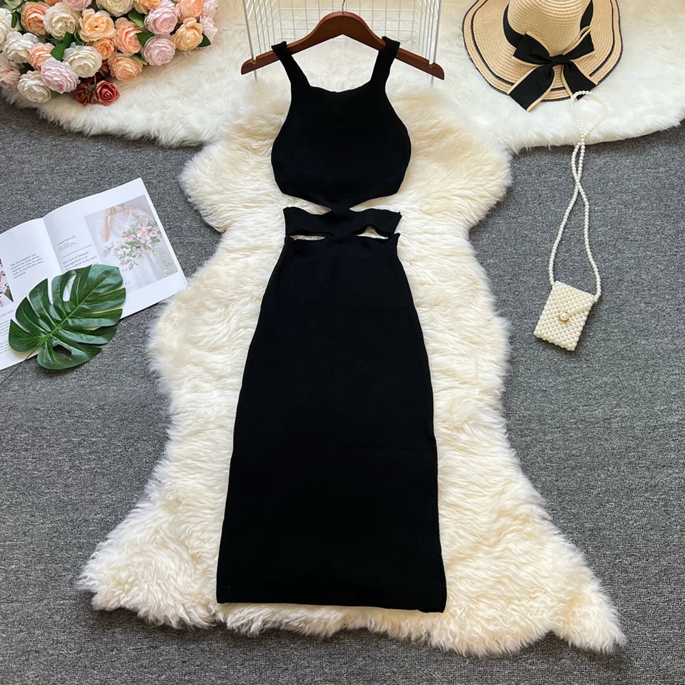 Sexy Hollow Out Waist Knitted Bodycon Summer Dress For Women
