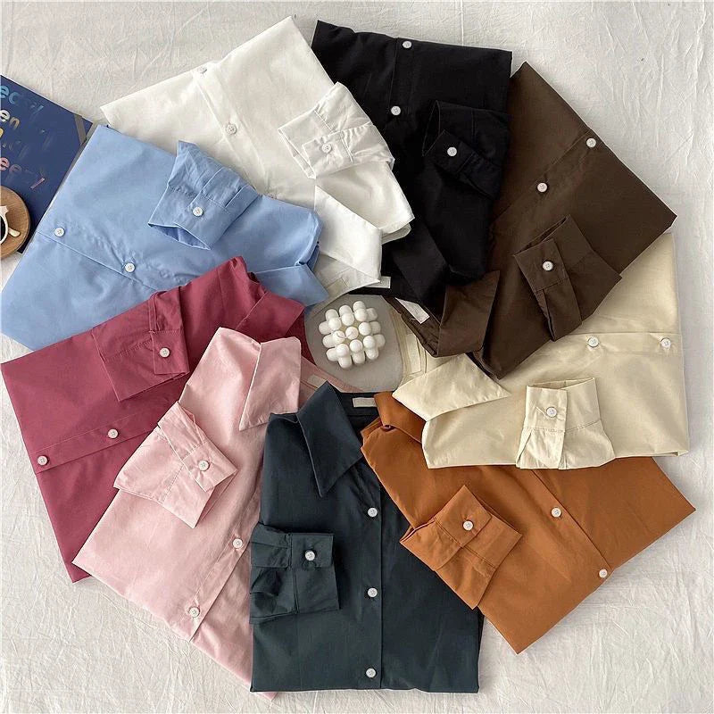 Retro Solid Loose Long Sleeve Shirt Blouse Outerwear Casual Single Breasted Spring Top Simple Trend