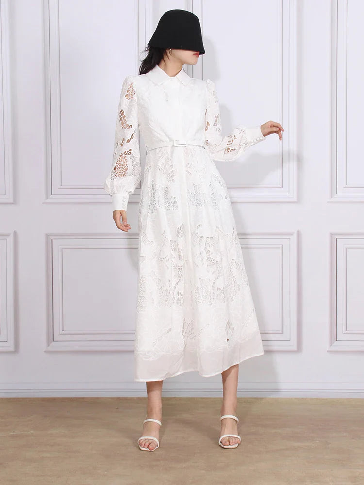 Patchwork Lace Hollow Dress Belted Lantern Sleeve For Women