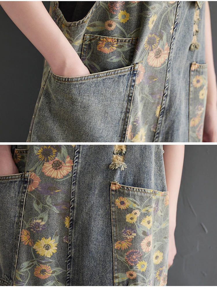 Casual Oversized Floral Print Denim Overalls for Women Loose Wide Leg Mom Jeans Romper Jumpsuit with Cargo Straps Baggy Pants