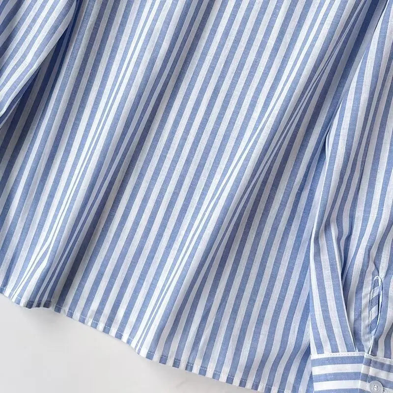 Women's Blue Pure Linen Striped Shirt Comfortable Casual Commuting Top Spring Autumn Lightweight Blouse