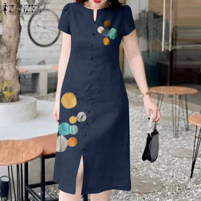 Dot Print Long Dress Casual Summer Short Sleeve Style