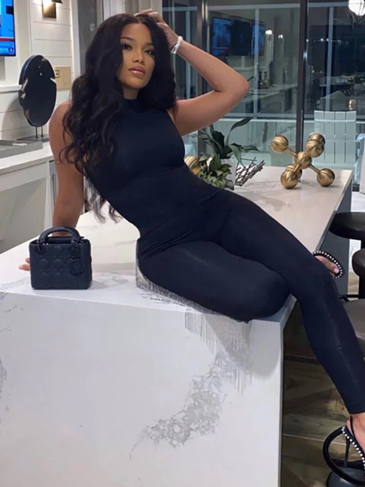 Weird Puss Sleeveless Skinny Jumpsuit for Women Solid Color Zipper Fitness O-Neck Romper One Piece Stretchy Summer Streetwear Outfit