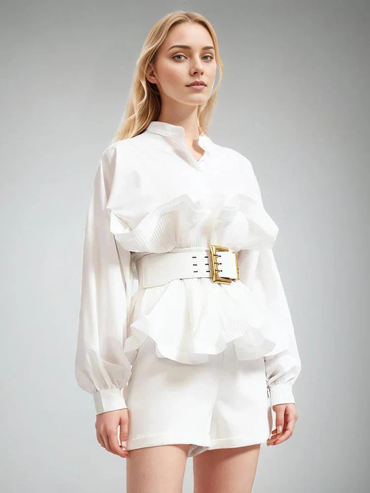 Solid Patchwork Belt Minimalist Women's Shirt Stand Collar Long Sleeve Tunic Spliced Ruffle Casual Blouse