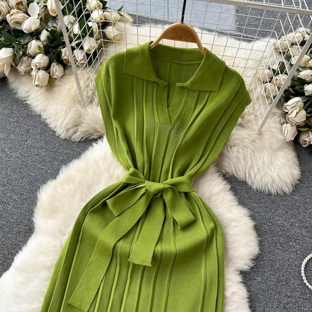 Solid Pleated Knitted Dress For Women Loose Fit Maxi