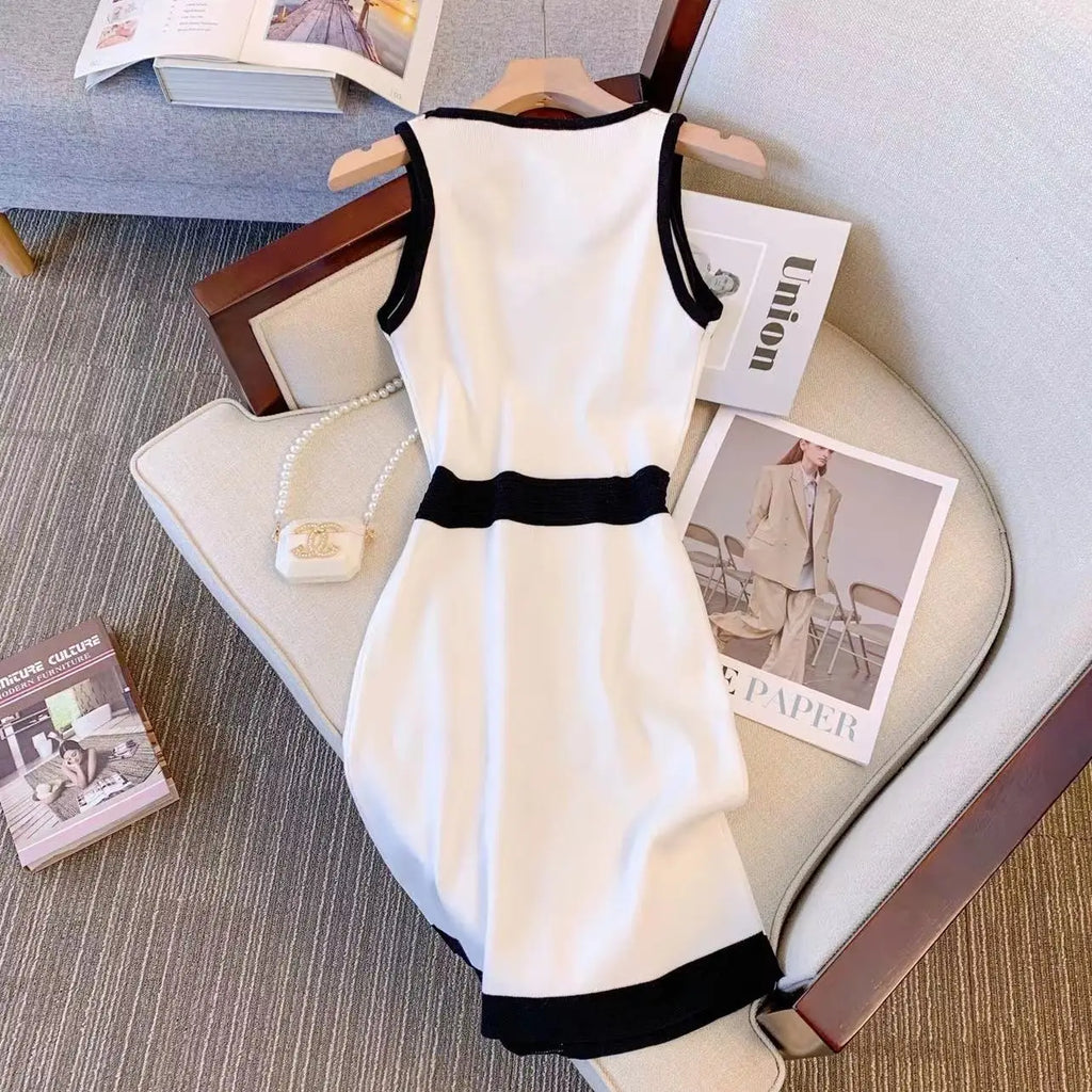 Women Knit Dress Sleeveless High Waist O Neck Mini Summer