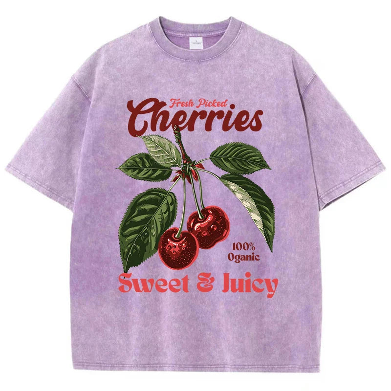 Fresh Picked Cherries Cotton T Shirt for Women with Distressed Oversized O Neck and Sweet Fruit Print Perfect for Casual Wear and Daily Life