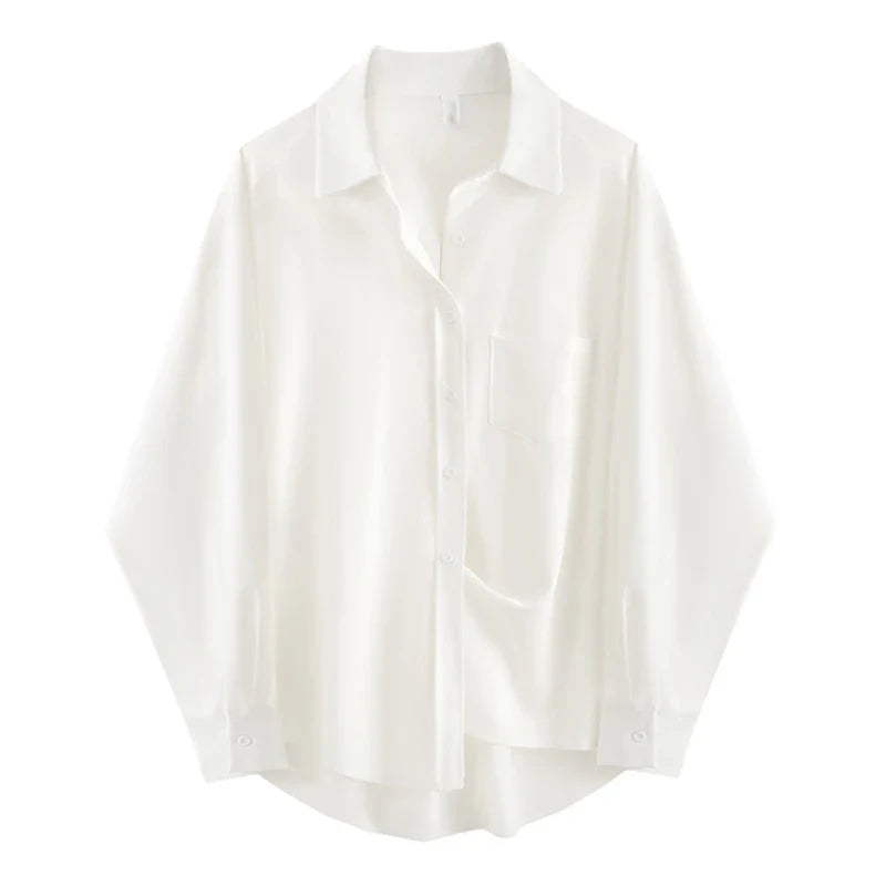 Oversized Long Sleeve White Shirt Women Minimalist Button Up Blouse Turn-Down Collar Casual Cardigan Top