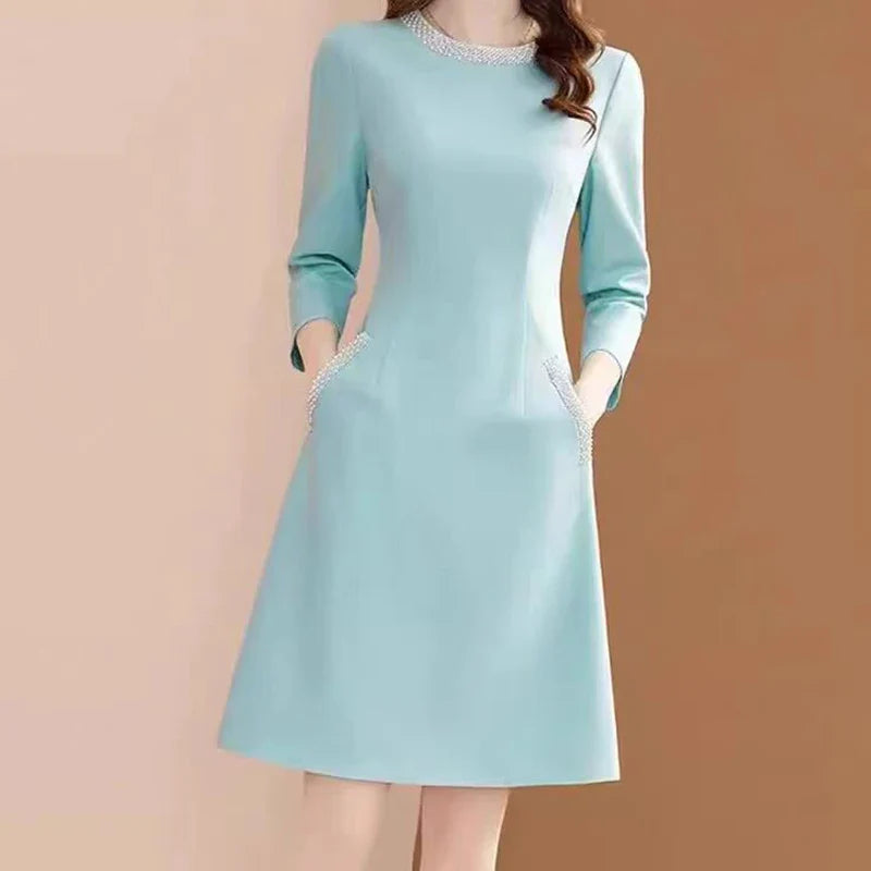 Chiffon Embroidered Dress For Women With Pockets Office