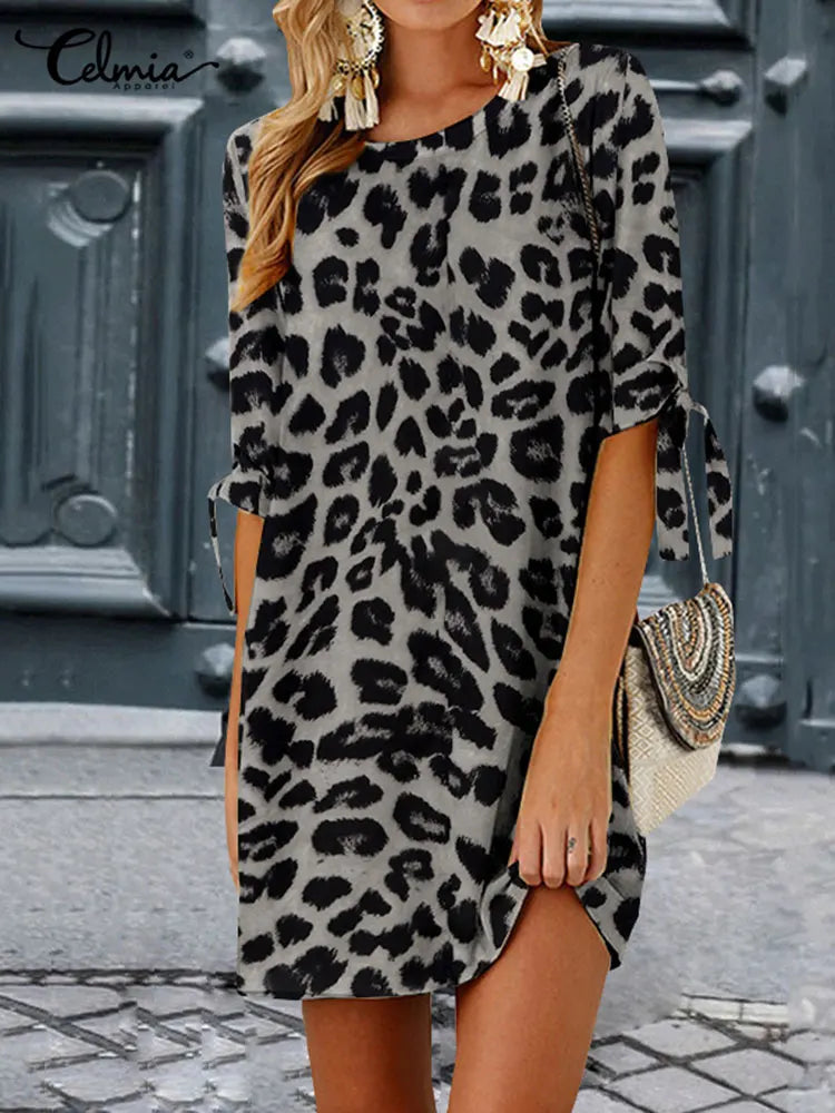 Leopard Print Boho Mini Dress For Beach Sundress Casual