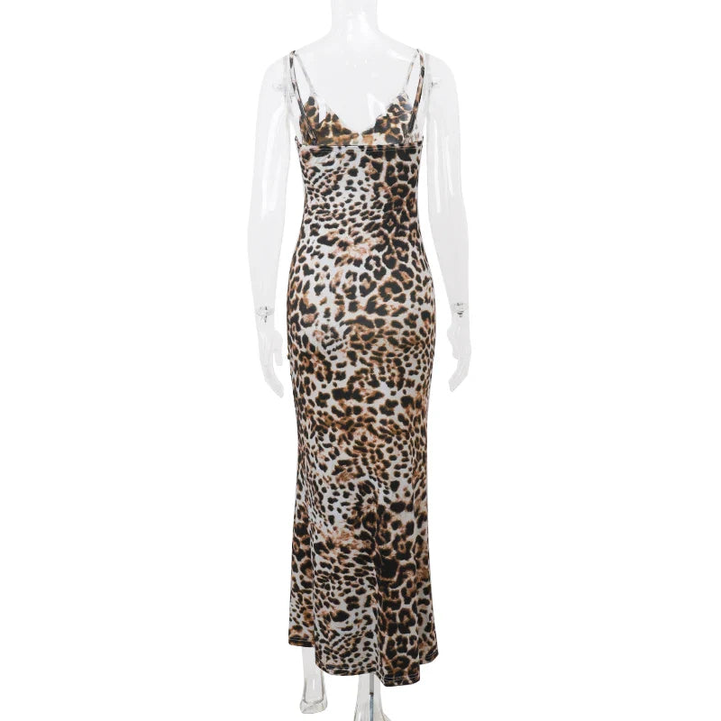 Leopard Print Slip Dress V Neck Sleeveless Party Dress