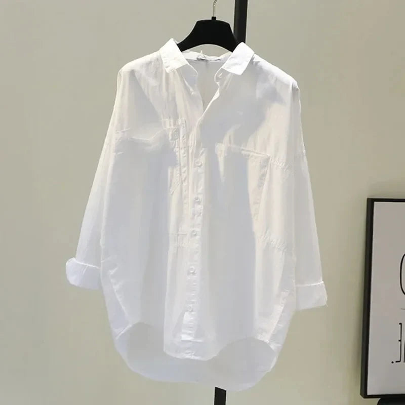 Cotton White Women's Loose Fit Shirt Casual Long Sleeve Blouse Elegant Office Top Comfortable Autumn Wear