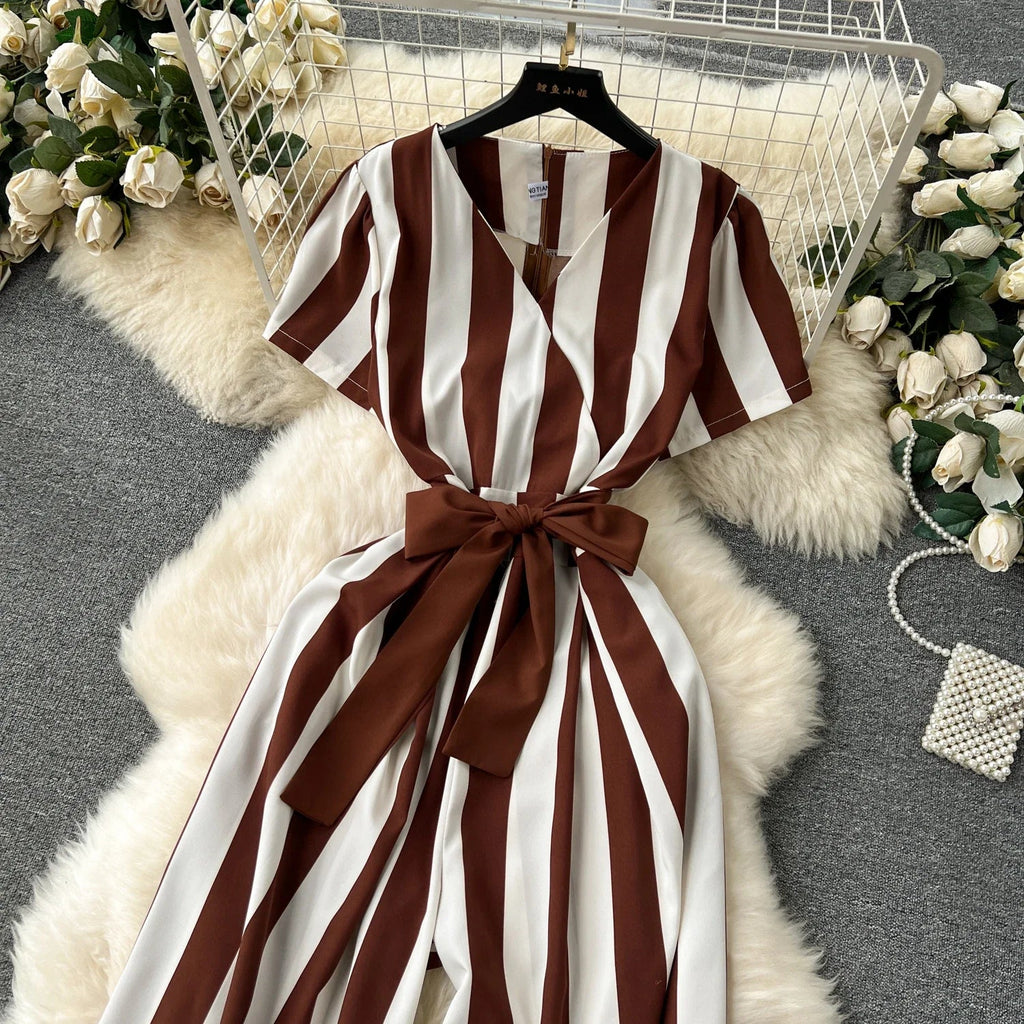 Sleeveless V Neck Stripe Jumpsuit for Women with Lace Up Bow Detail Summer Long Romper High Street Korean Inspired Style