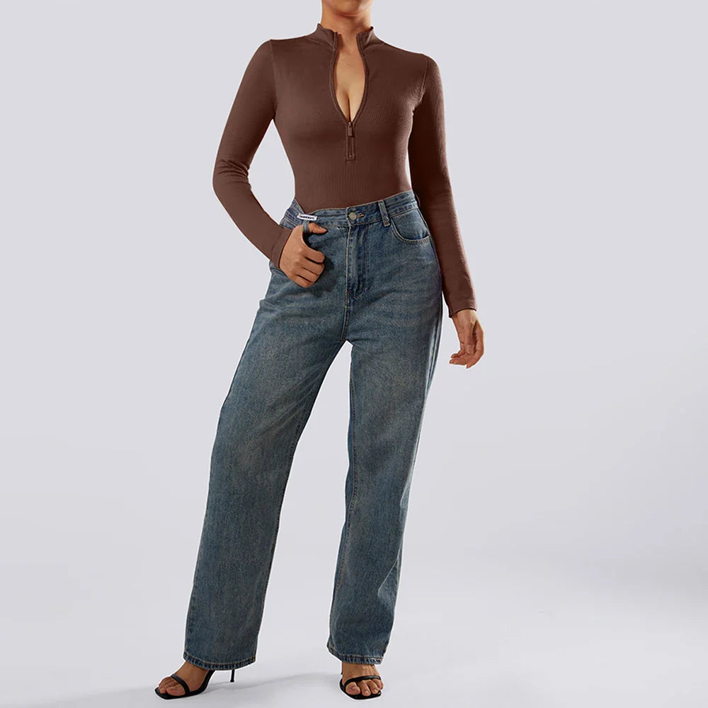 Bodycon Slim Fit Zipper Jumpsuit for Women Casual Brown Fitness Romper Streetwear Playsuit Overall